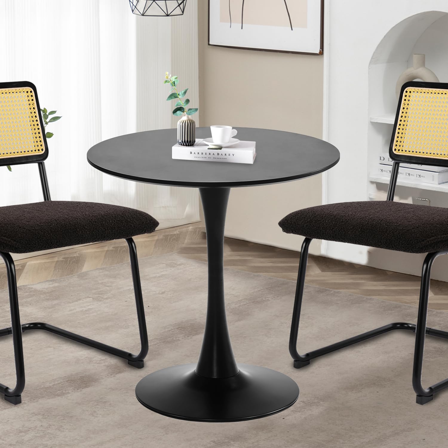 TUOMUR Black Round Dining Table, 27.6" Tulip Table Kitchen Round Dining Table for 1-2 People with MDF Table Top and Metal Pedestal Base, Mid-Century Leisure Table for Home, Dining Room, Cafe