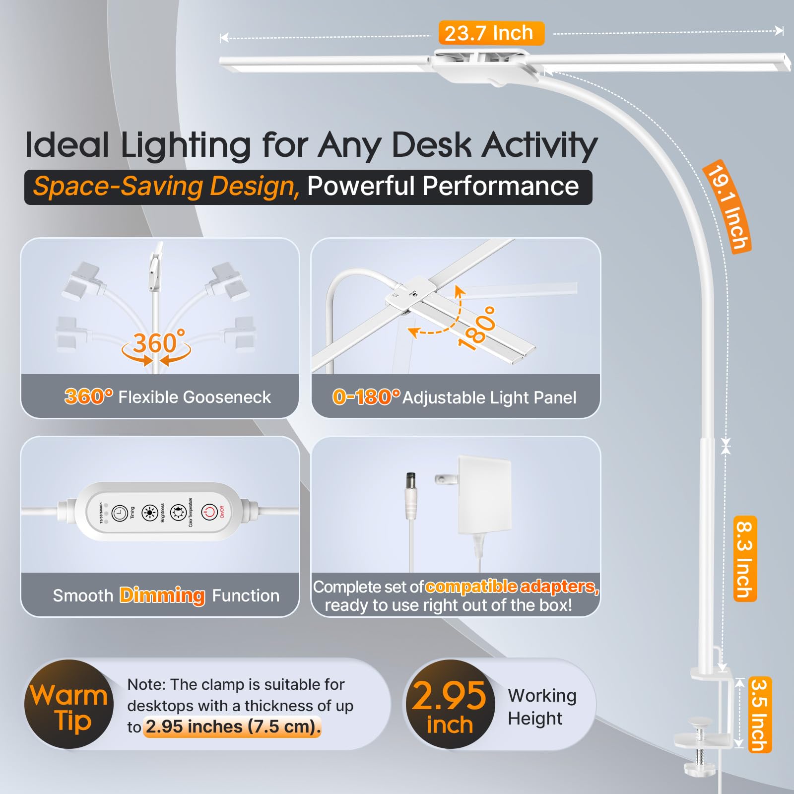 LED Desk Lamp, Dual Head Desk Light with Clamp, 50 Lighting Modes Eye-Caring Table Lamp, Flexible Gooseneck Task Light with Motion Sensor, Wired Control, Timer & Memory Function for Office