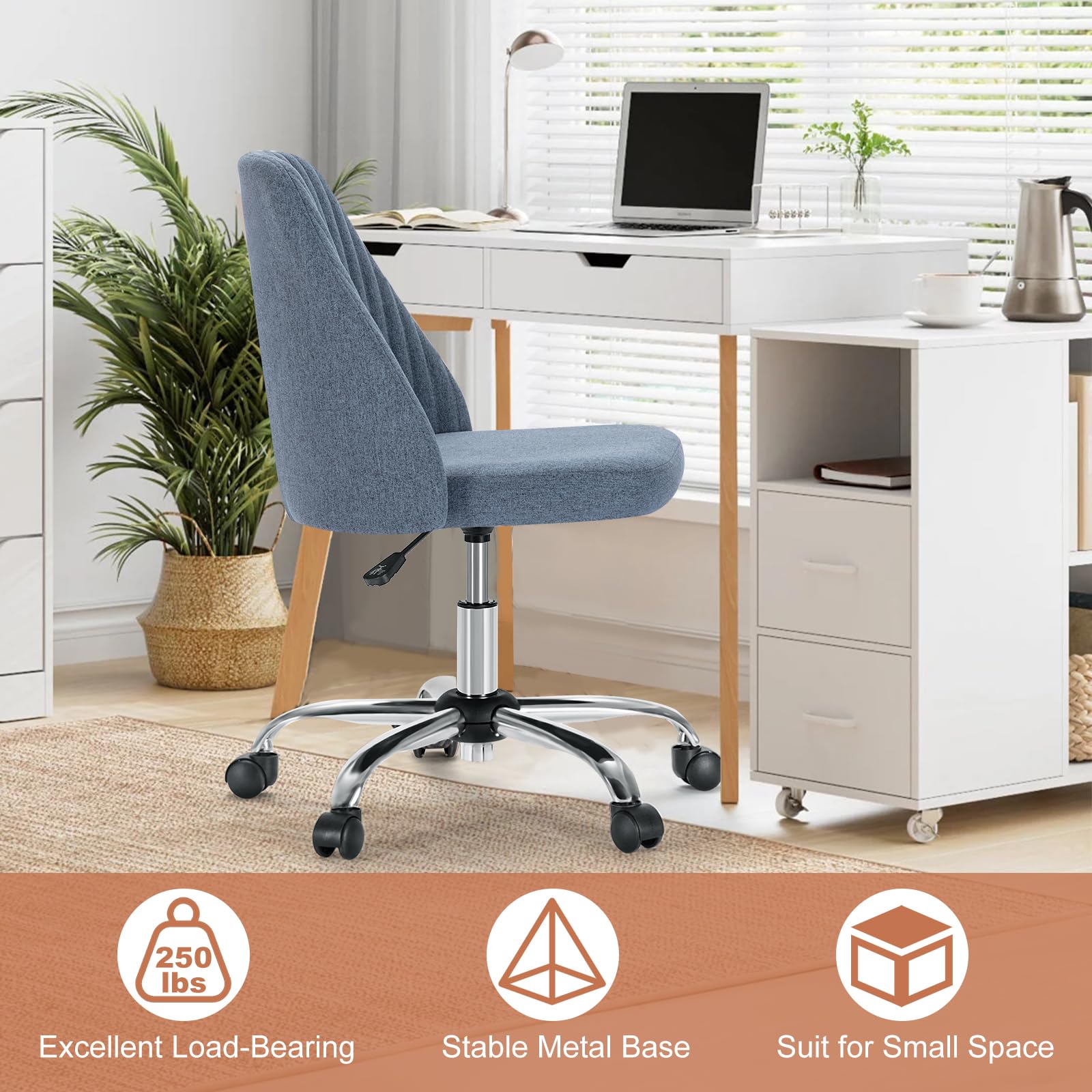 Office Chair, Comfy Desk Chair Rolling Vanity Swivel Task Chairs with Wheels, Wide Seating Armless Height Adjustable Computer Chairs for Home,Bedroom,Student,Adults, Blue