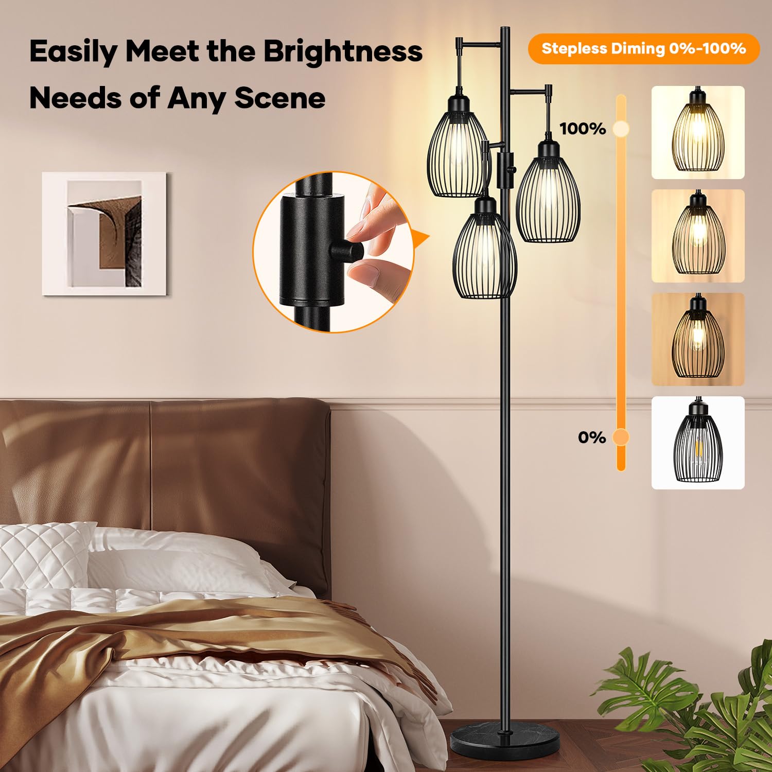 Floor Lamp,3x800LM LED Bulbs Included, Farmhouse Industrial Floor Lamp Standing Tree Lamp with Teardrop Cage Head Tall Lamp for Living Room Bedroom Office Dining Room - Black & Marble Base