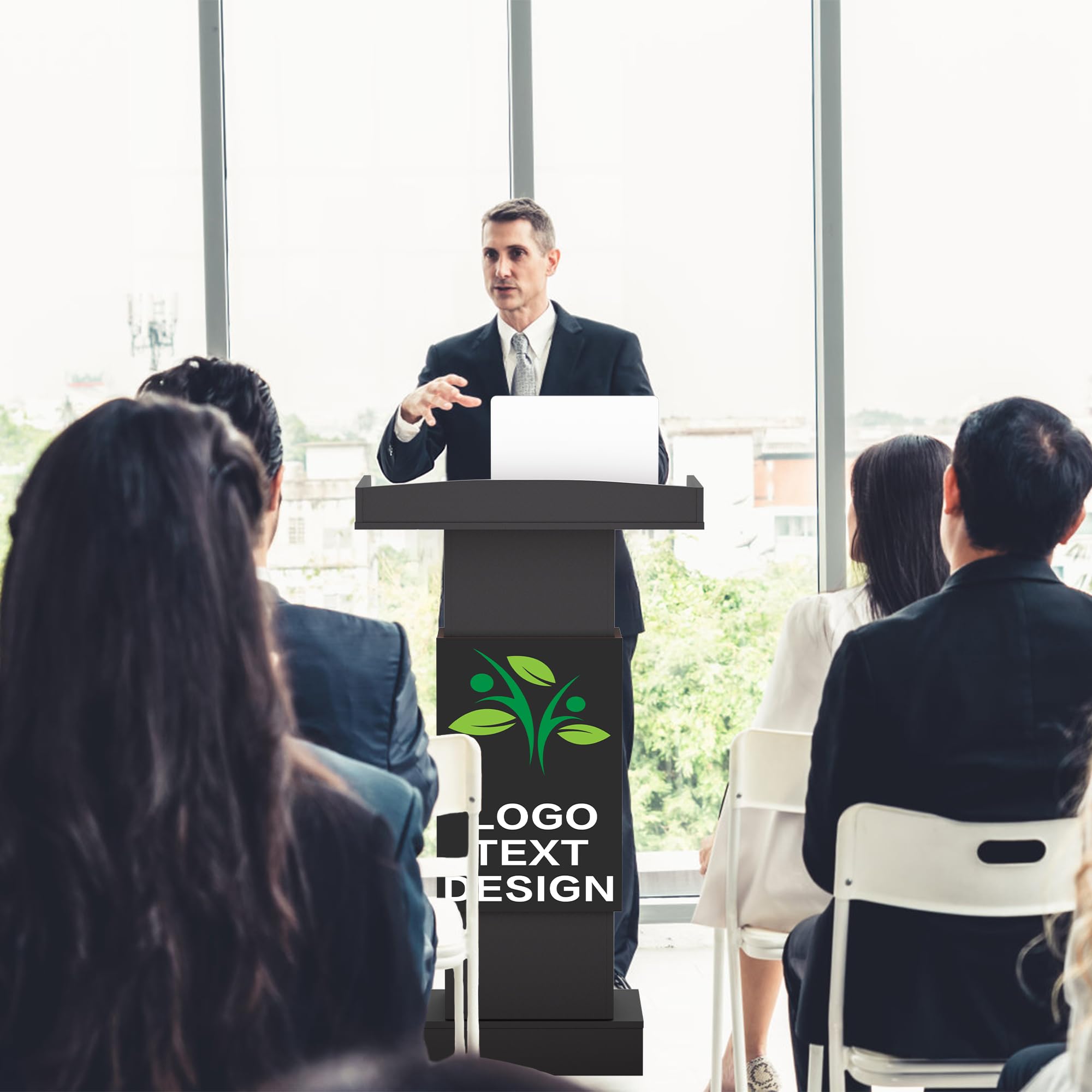 Customizable Logo & Text Podium,Wood Lectern Stand with Adjustable Partition,Church Pulpit with Storage,Mic Stand Space,Wooden Podium for Churches,Seminars and Schools