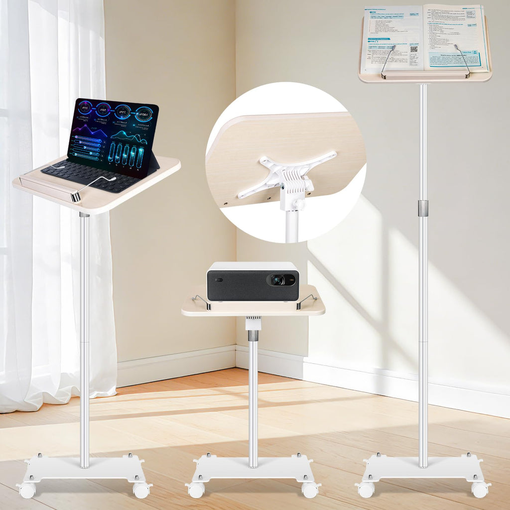 Rolling Book Stand with Wheels for Reading, Floor Standing Book Holder with Page Clips, 19"–51" Height Adjustable, Sturdy Podium Stand for Reading, Bible, Laptop, Cookbooks, or Projector