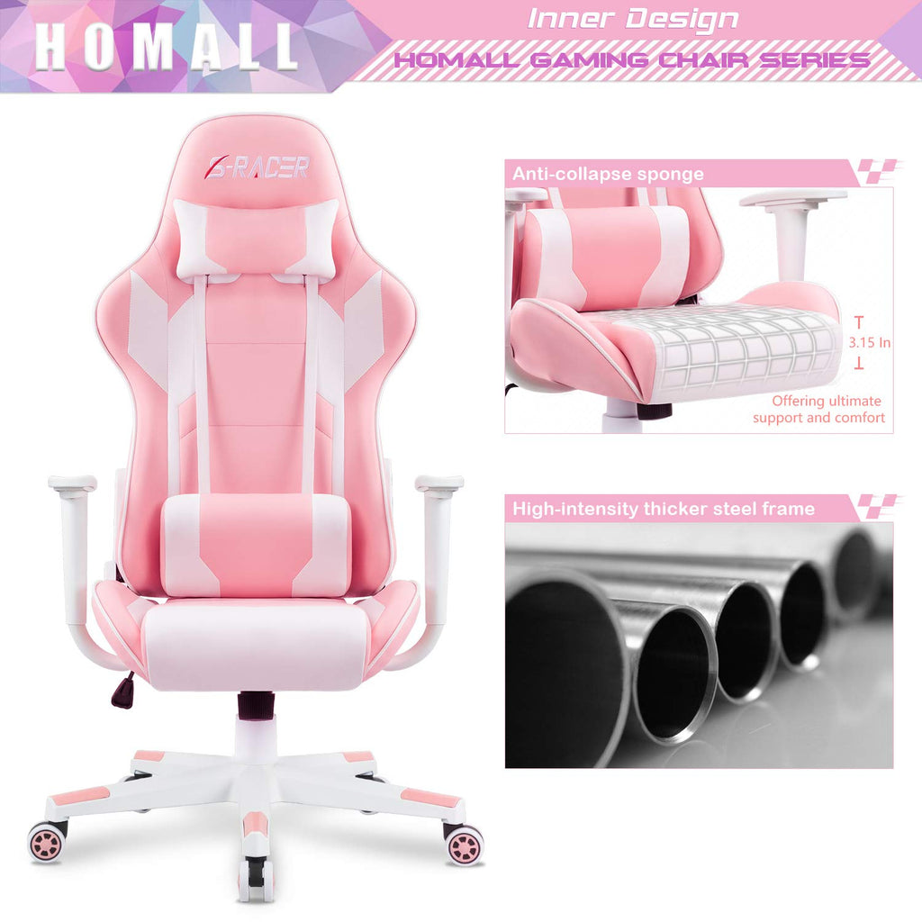 Gaming Chair, Office Chair High Back Computer Chair Leather Desk Chair Racing Executive Ergonomic Adjustable Swivel Task Chair with Headrest and Lumbar Support(Pink)