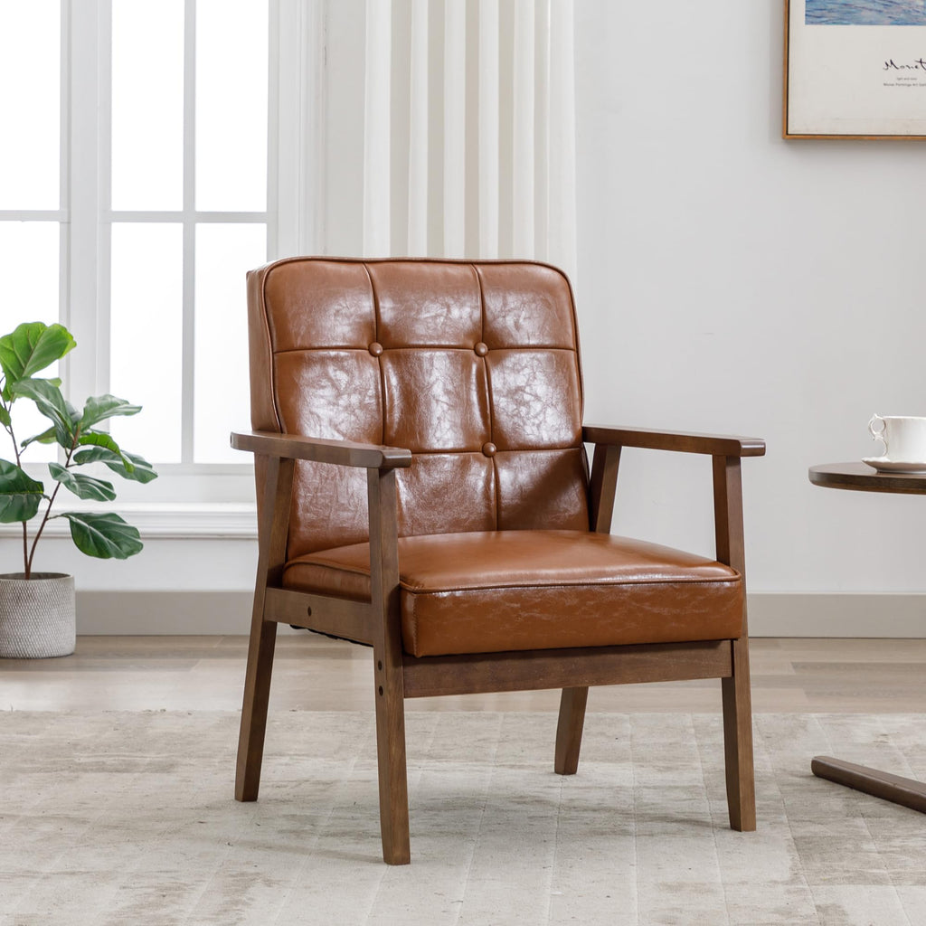 Mid Century Modern Accent Chair, Retro Wood Leather Armchairs Side Chair, Lounge Reading Comfy Arm Chair for Living Room, Bedroom, Office (Brown)