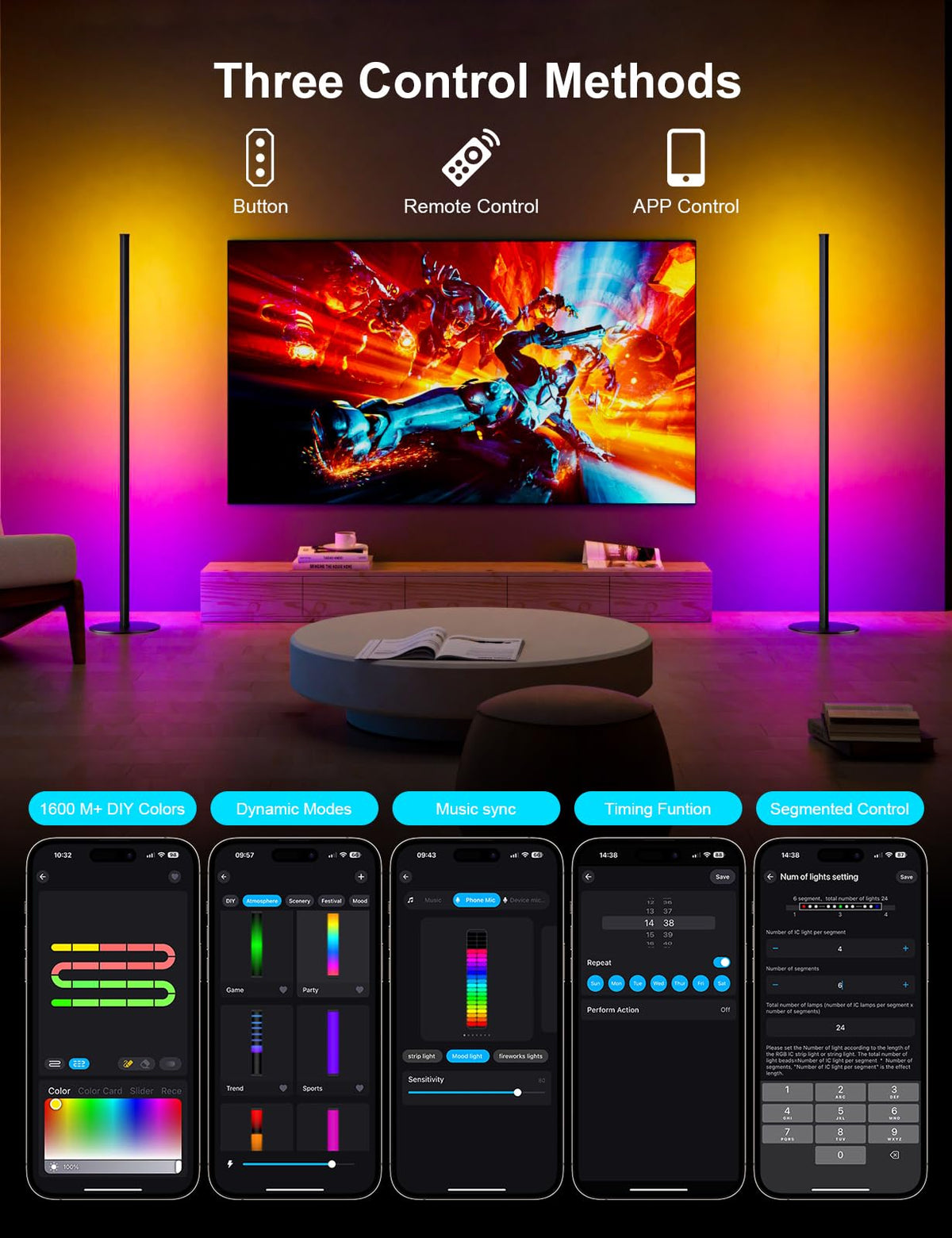 Corner Floor Lamp 2 Pack, RGB IC LED Corner Lamp 55" with APP Control, 16 Million Colors, Timing Function and Music Sync, Color Changing Ambient Lighting for Living Room Bedroom Gaming Room