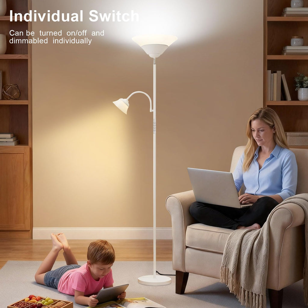 2-in-1 Torchiere Floor Lamp, 34W Super Bright LED Standing Lamp with Remote & Touch Control, 72" Dimmable Adjustable Corner Reading Lamp for Living Room, Bedroom, Office, White