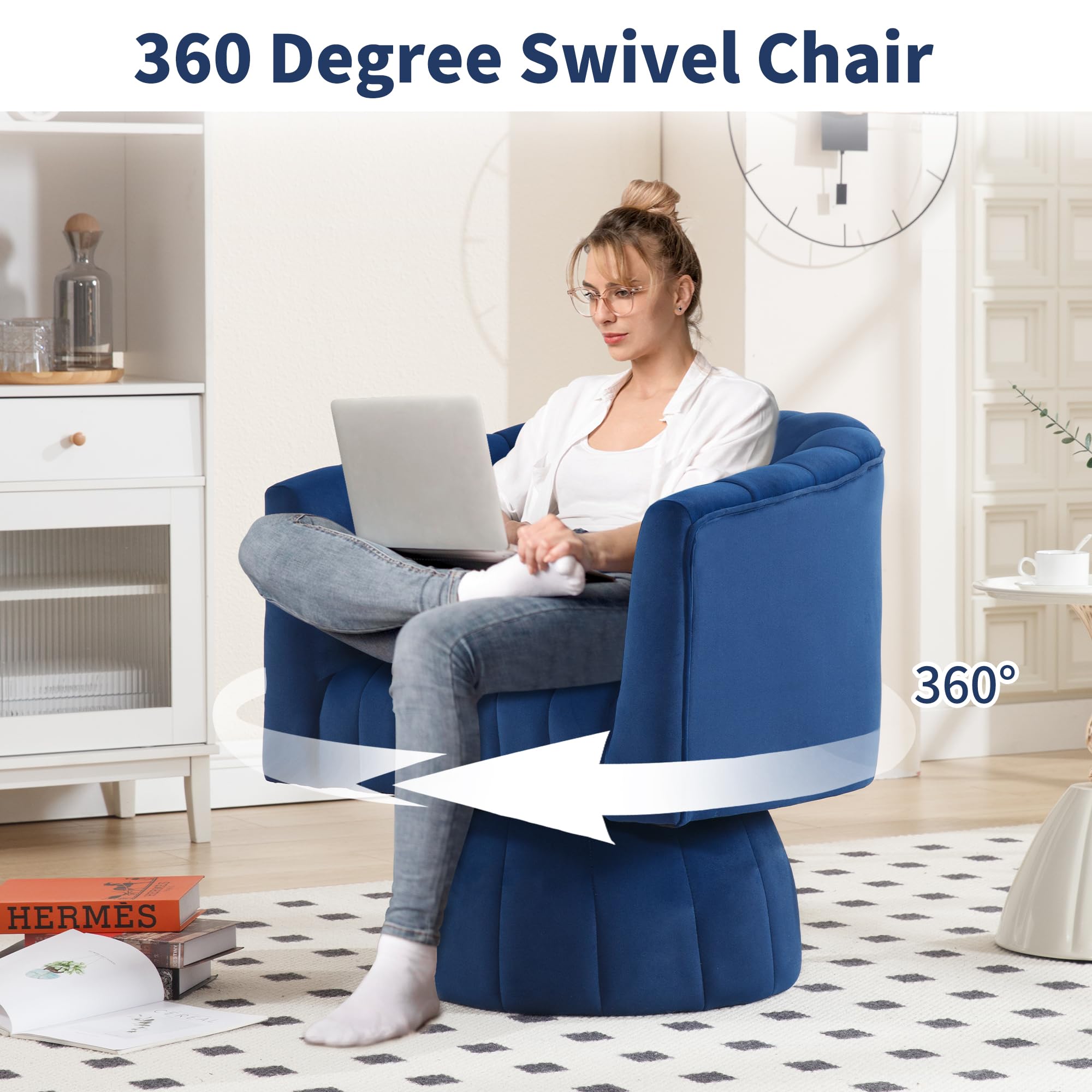 Swivel Accent Barrel Chair Set of 2- Cute Comfy Small Round Arm Chair Velvet Sofa Club Reading Chair for office Living Room Bedroom Dark Blue