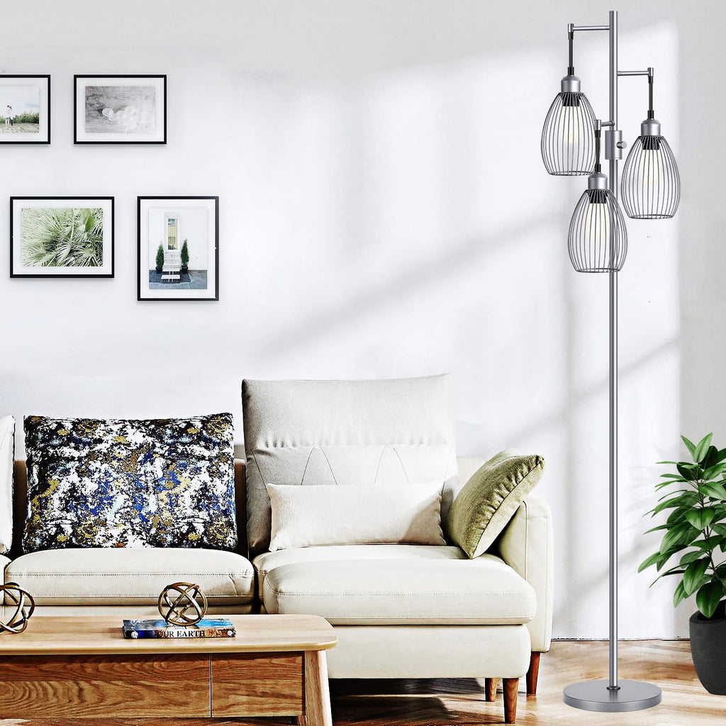 Floor Lamp, 3 x 800LM LED Edison Bulbs Included, Industrial Floor Lamp Standing Tree Lamp with Elegant Teardrop Cage Heads Tall Lamps for Living Room Bedroom-Grey