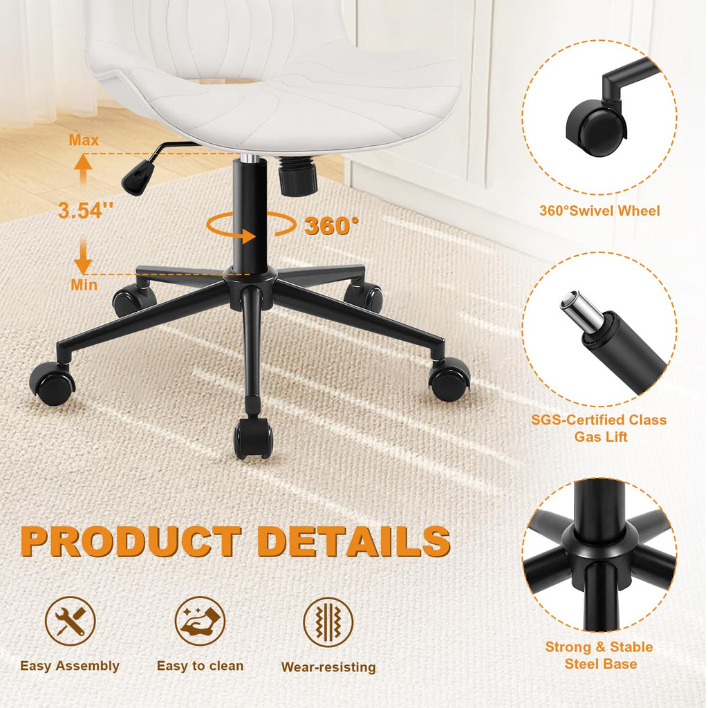 Armless Office Chair, Height Adjustable Desk Chair with Wheels, Ergonomic Comfy 360° Swivel Home Office Computer Task Chair, Faux Leather Padded Cute Vanity Chair, White
