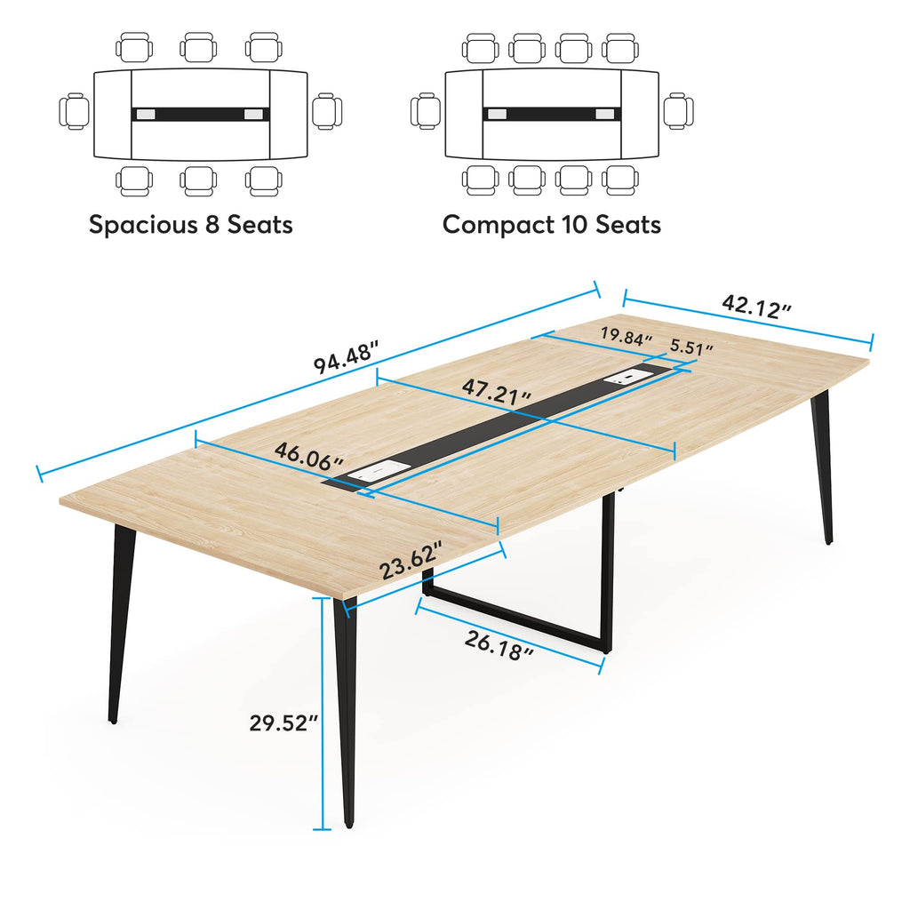 8FT Conference Table, 94.48L x 47.21W x 29.52H Inches Boat Shaped Meeting Table with Rectangle Grommet, Modern Seminar Boardroom Table for Office Conference Room (Light Wood Grain, 8ft)