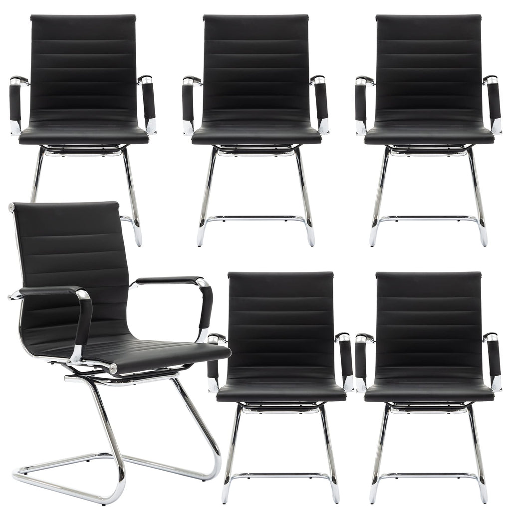 Conference Room Chairs Set of 6, Waiting Room Chairs with Arms, Faux Leather Reception Chairs No Wheels, Office Guest Chairs with Mid Back Support and Chrome Sled Base, Black