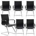Conference Room Chairs Set of 6, Waiting Room Chairs with Arms, Faux Leather Reception Chairs No Wheels, Office Guest Chairs with Mid Back Support and Chrome Sled Base, Black