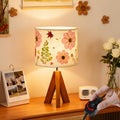 Dried Flowers Tripod Table Lamp 14.96in, 9W LED Dimmable Cute Bedside Lamp with Flowers Linen Lampshade for Nursery, Bedroom, Kid Room, Living Room, Light Brown Wooden Base