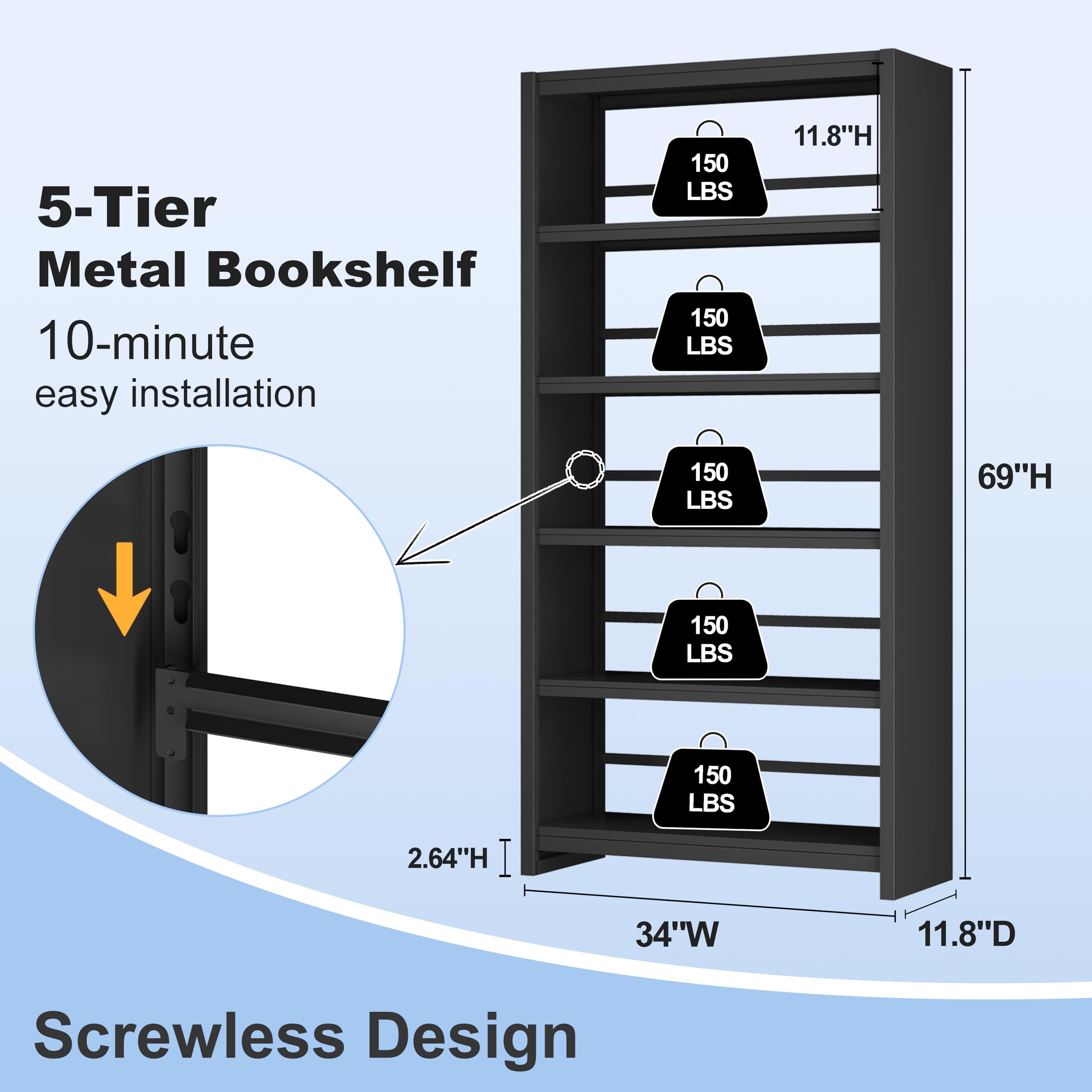 5 Tier Metal Bookshelf, Black 69" Tall Bookcase, Large Heavy Duty Book Shelves, Industrial Wide Book Shelves, Display Storage Shelves for Library Bedroom Living Room Office