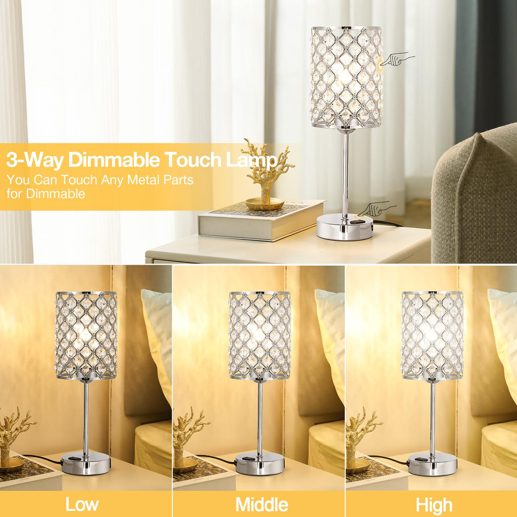 Sliver Crystal Table Lamp with Touch Control, Bedside Lamp for Nightstand