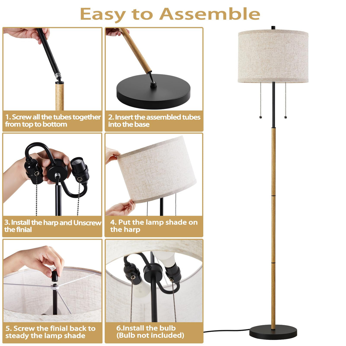 Floor Lamp, 62" Standing Lamp for Living Room with Fabric Lampshade