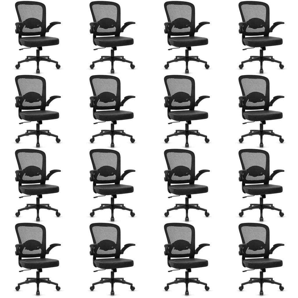 Desk Chairs with Wheels, Ergonomic Mesh Back PU Leather Seat Home Office Adjustable Lumbar Support and Height Swivel Rolling Computer Task Chair with Flip Up Arms for Conference, Black, 16PK