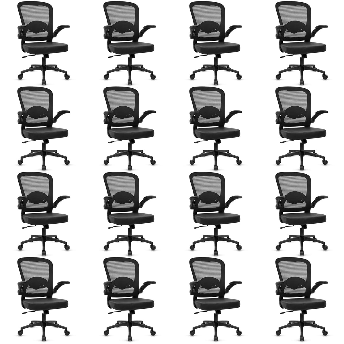Desk Chairs with Wheels, Ergonomic Mesh Back PU Leather Seat Home Office Adjustable Lumbar Support and Height Swivel Rolling Computer Task Chair with Flip Up Arms for Conference, Black, 16PK