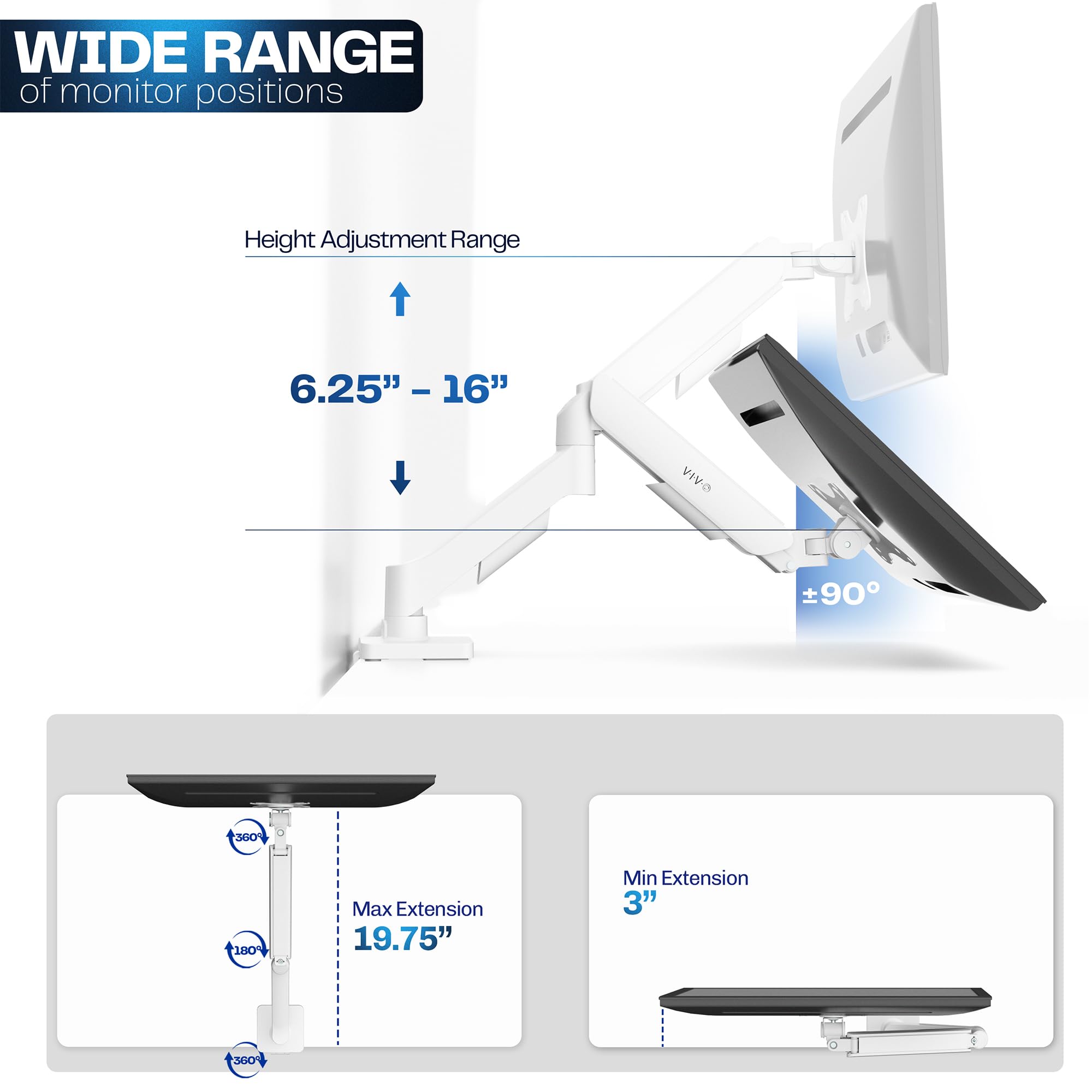 Single Monitor Stand, Fully Adjustable Arm for 17 to 32 inch Screen, Mechanical Articulating Desk Mount, Gaming and Office Setups, VESA 75x75, 100x100, Max 19.8 lbs, Classic, White, STAND-V001OW