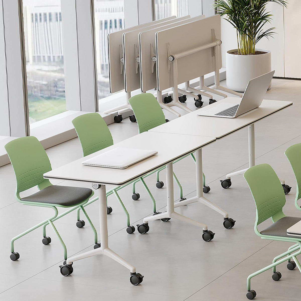 Folding Conference Table with Wheels, Flip-Top, 55.1in, 4 Pack, White