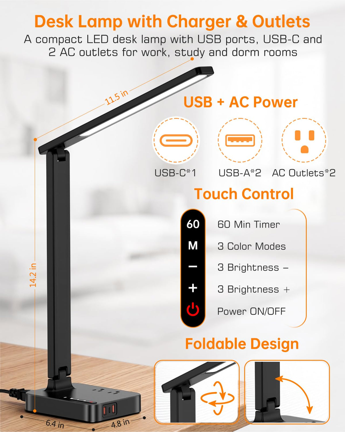 LED Desk Lamp for Dorm Office, USB-C,AC Outlet, Reading Light, Black