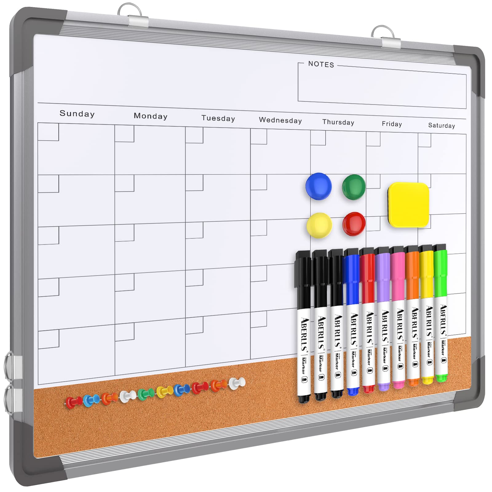 Monthly Calendar Whiteboard for Wall, 17x13 Inches Dry Erase Board with Cork Board Combo, Small Magnetic White Board, Double-Sided Hanging Portable Board for Office School Home Kitchen Planner Memo