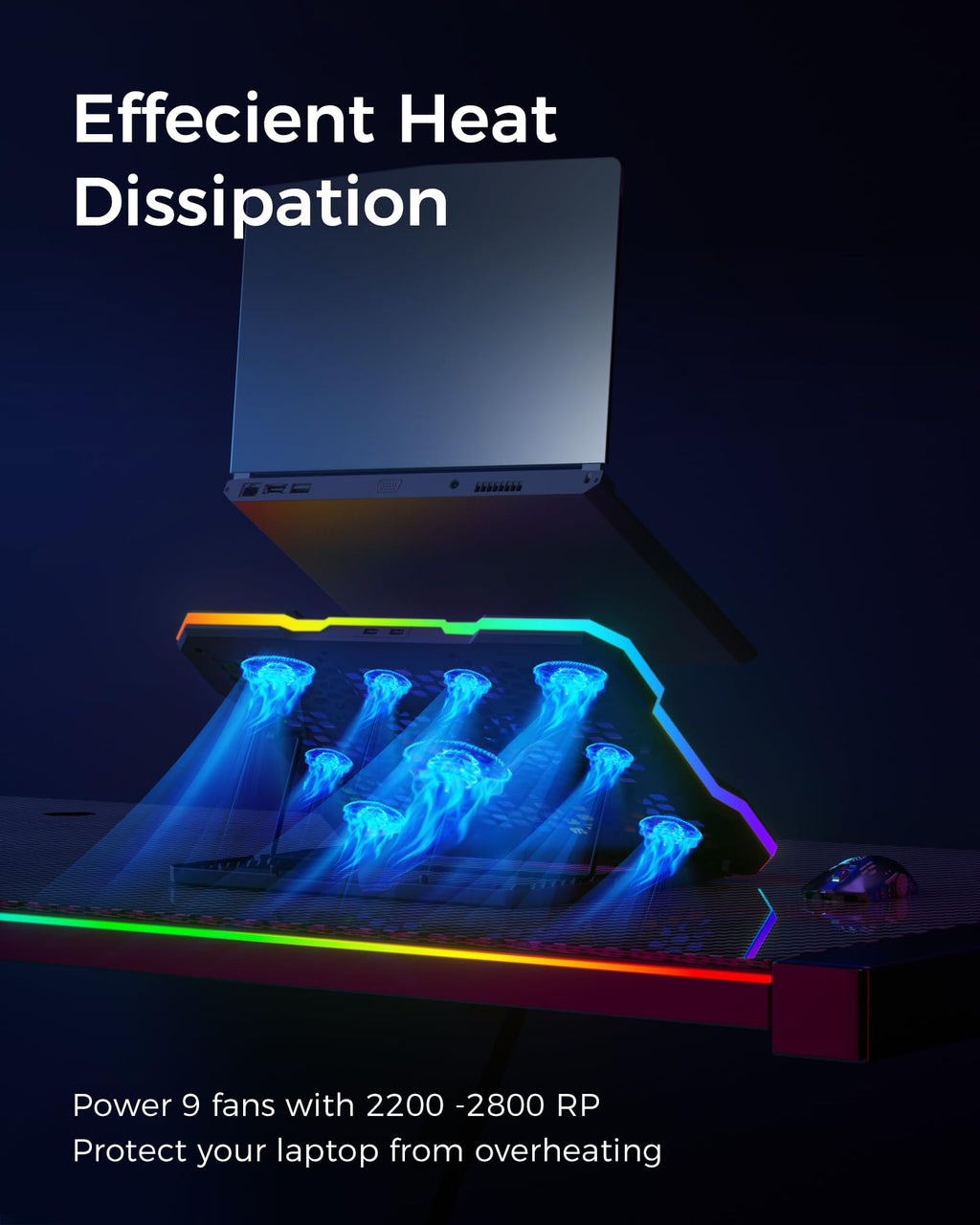 Laptop Cooling Pad, RGB Lights Laptop Cooler 9 Fans for 15.6-19.3 Inch Laptops, Gaming Laptop Fan Cooling Pad with 8 Height Stands, 2 USB Ports - A21 Blue