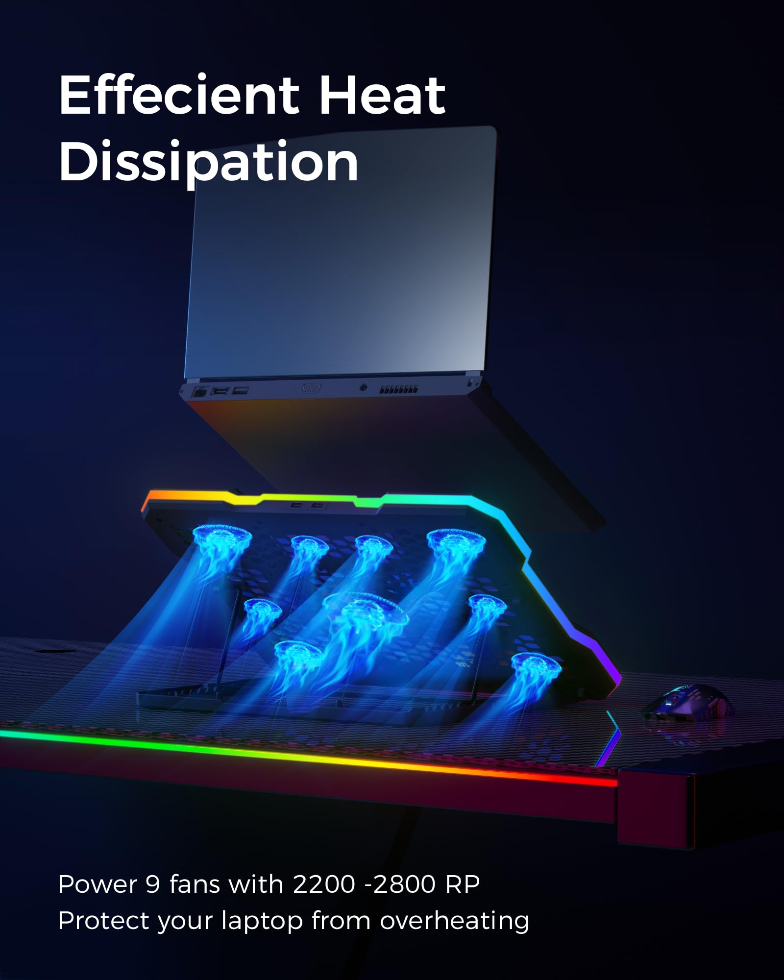 Laptop Cooling Pad, RGB Lights Laptop Cooler 9 Fans for 15.6-19.3 Inch Laptops, Gaming Laptop Fan Cooling Pad with 8 Height Stands, 2 USB Ports - A21 Blue