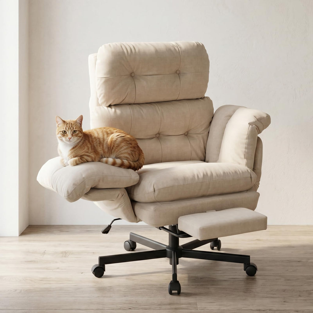 Criss Cross Office Chair with Foot Rest, Big and Tall Office Desk Chair with Flip Armrests for Pets & Cross Legged Sitting, Comfy Executive Ergonomic Reclining Computer Gaming Vanity Chair, Beige