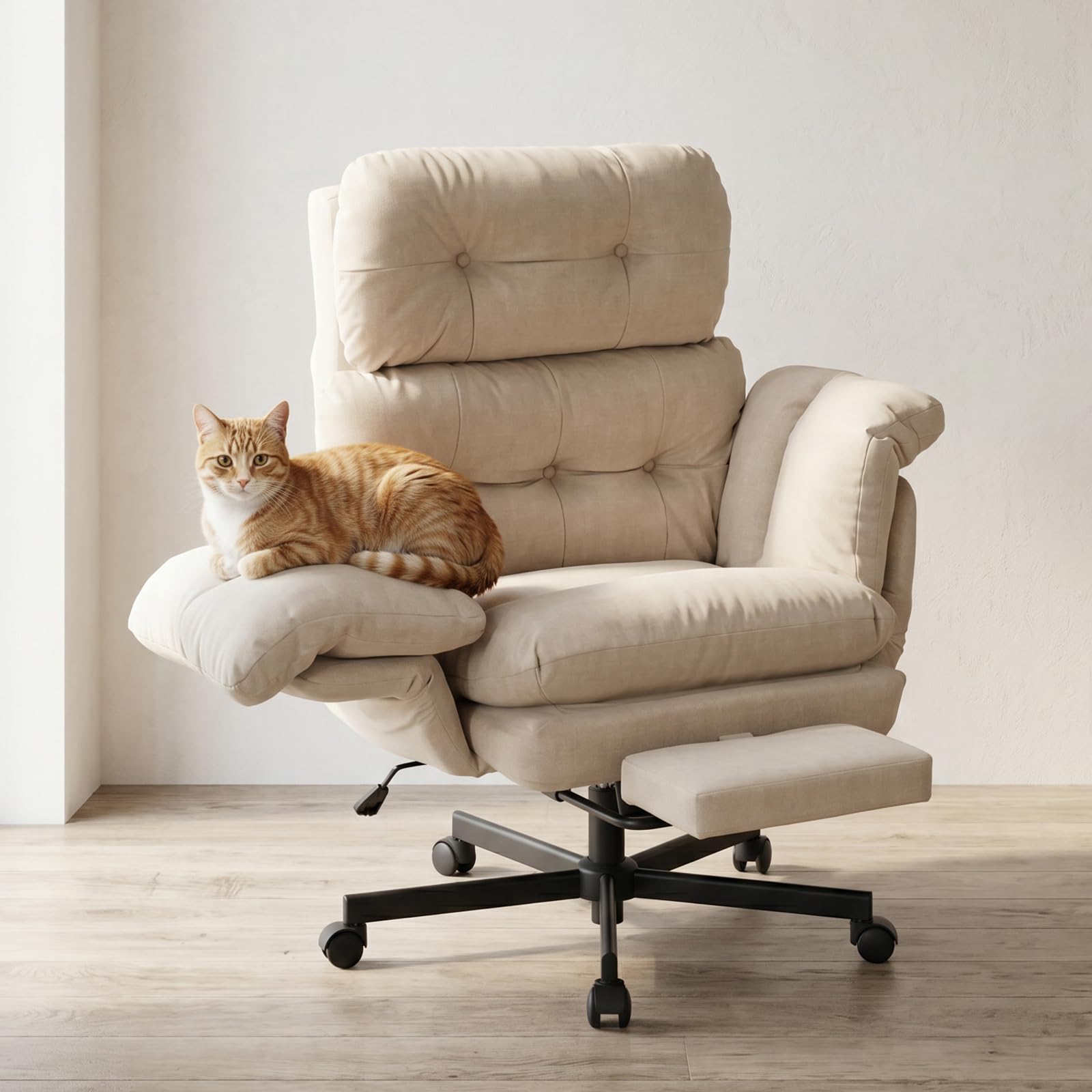 Criss Cross Office Chair with Foot Rest, Big and Tall Office Desk Chair with Flip Armrests for Pets & Cross Legged Sitting, Comfy Executive Ergonomic Reclining Computer Gaming Vanity Chair, Beige