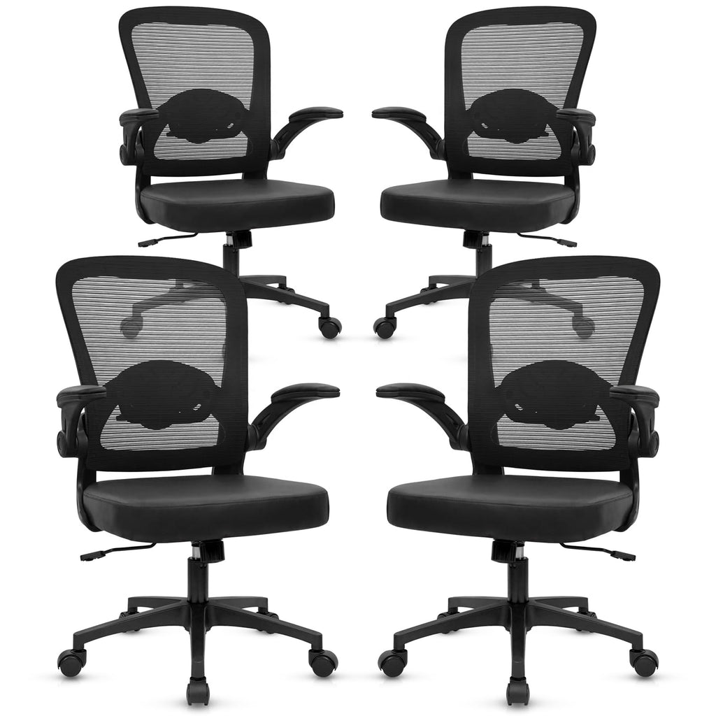 Desk Chairs with Wheels, Ergonomic Mesh Back PU Leather Seat Home Office Adjustable Lumbar Support and Height Swivel Rolling Computer Task Chair with Flip Up Arms for Conference, Black, 4PK