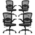 Desk Chairs with Wheels, Ergonomic Mesh Back PU Leather Seat Home Office Adjustable Lumbar Support and Height Swivel Rolling Computer Task Chair with Flip Up Arms for Conference, Black, 4PK