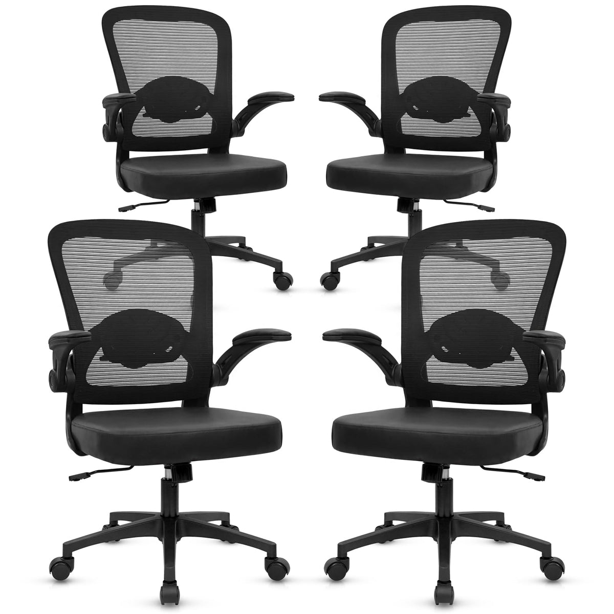 Desk Chairs with Wheels, Ergonomic Mesh Back PU Leather Seat Home Office Adjustable Lumbar Support and Height Swivel Rolling Computer Task Chair with Flip Up Arms for Conference, Black, 4PK