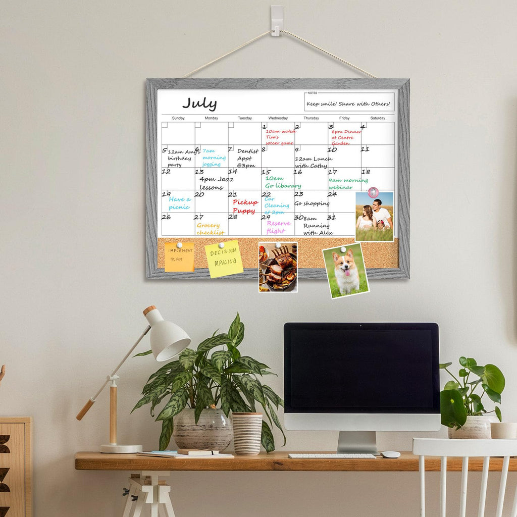 Calendar Whiteboard for Wall, 18x24 Inches Dry Erase Calendar Cork Board Combo, Magnetic Monthly White Board with Wood Framed, Hanging Dry Erase Board for Home Kitchen Office Planner Memo