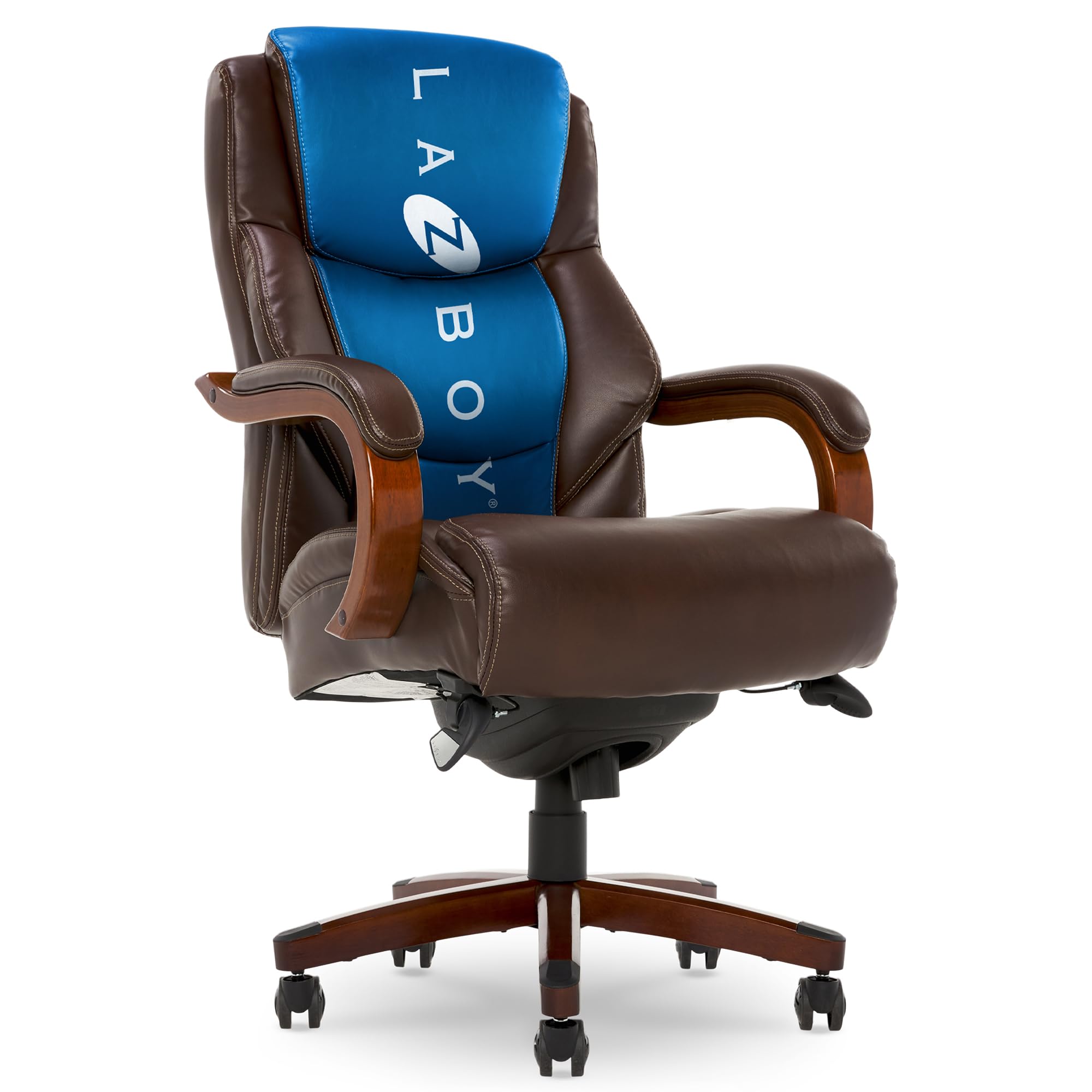 Delano Big and Tall Executive Office Chair - Ergonomic Lumbar Support Memory Foam - Bonded Leather Desk Chair for Home Office - Mahogany Wood Arms - Chestnut Brown