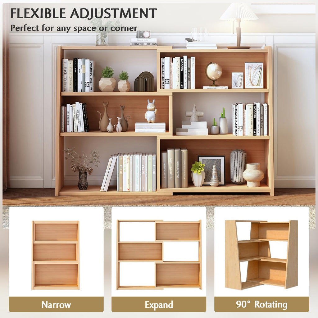 Wooden Extendable Shelf Bookcase, 3-Tier Low Bookshelf, Oak, L