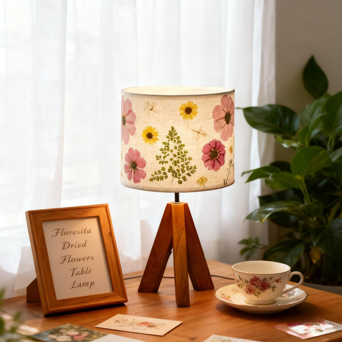 Dried Flowers Tripod Table Lamp 14.96in, 9W LED Dimmable Cute Bedside Lamp with Flowers Linen Lampshade for Nursery, Bedroom, Kid Room, Living Room, Light Brown Wooden Base