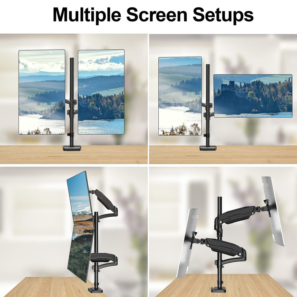 Vertical Dual Monitor Mount, Stacked Monitor Stand for 2 Computer Screens up to 32 inches, Full Motion Adjustable Tall Display Desk Mount, Each Arm Holds up to 17.6lbs, VESA Mount