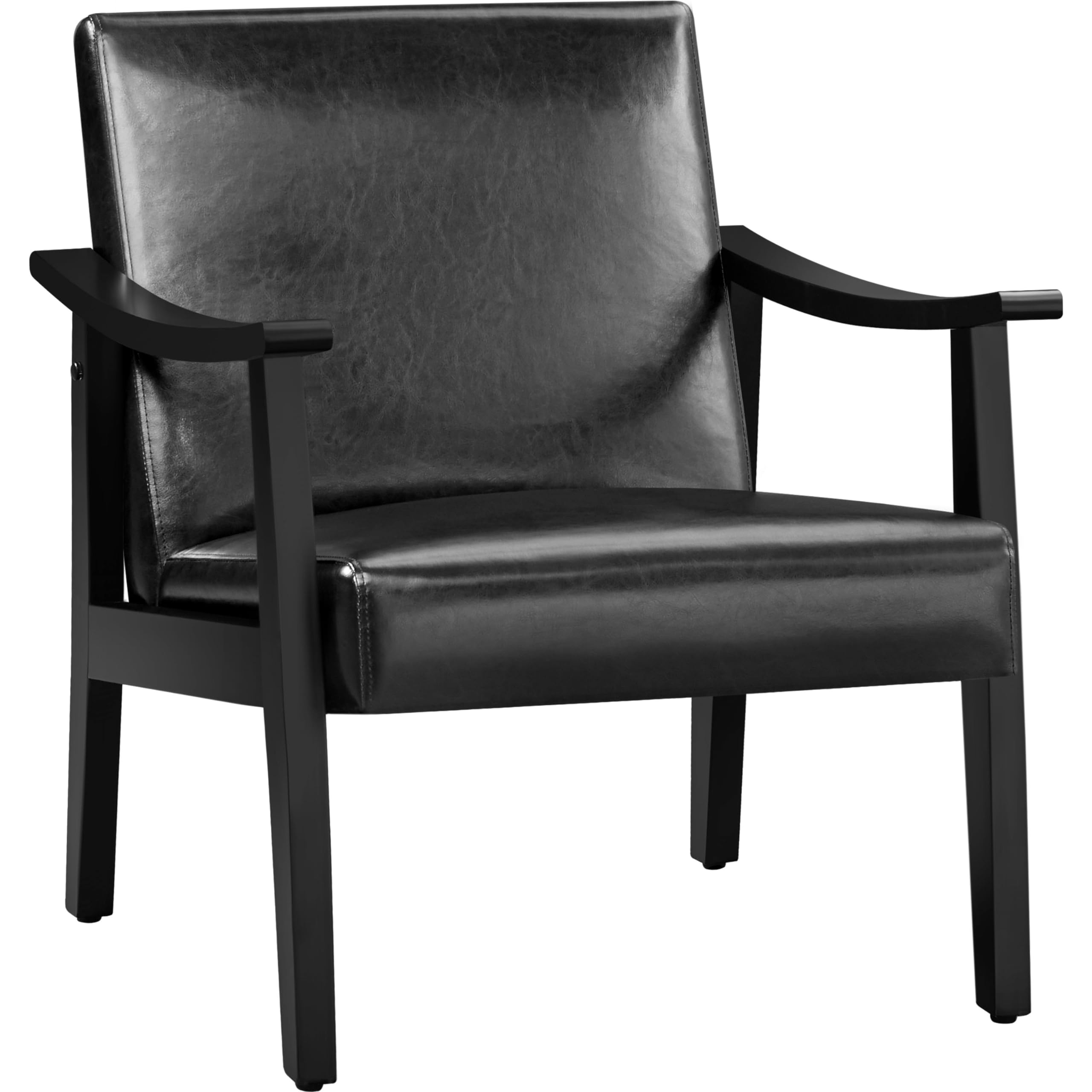 PU Leather Accent Chair, Mid-Century Modern Armchair with Solid Wood Legs, Reading Leisure Chair with High Back for Living Room Bedroom Waiting Room, Black