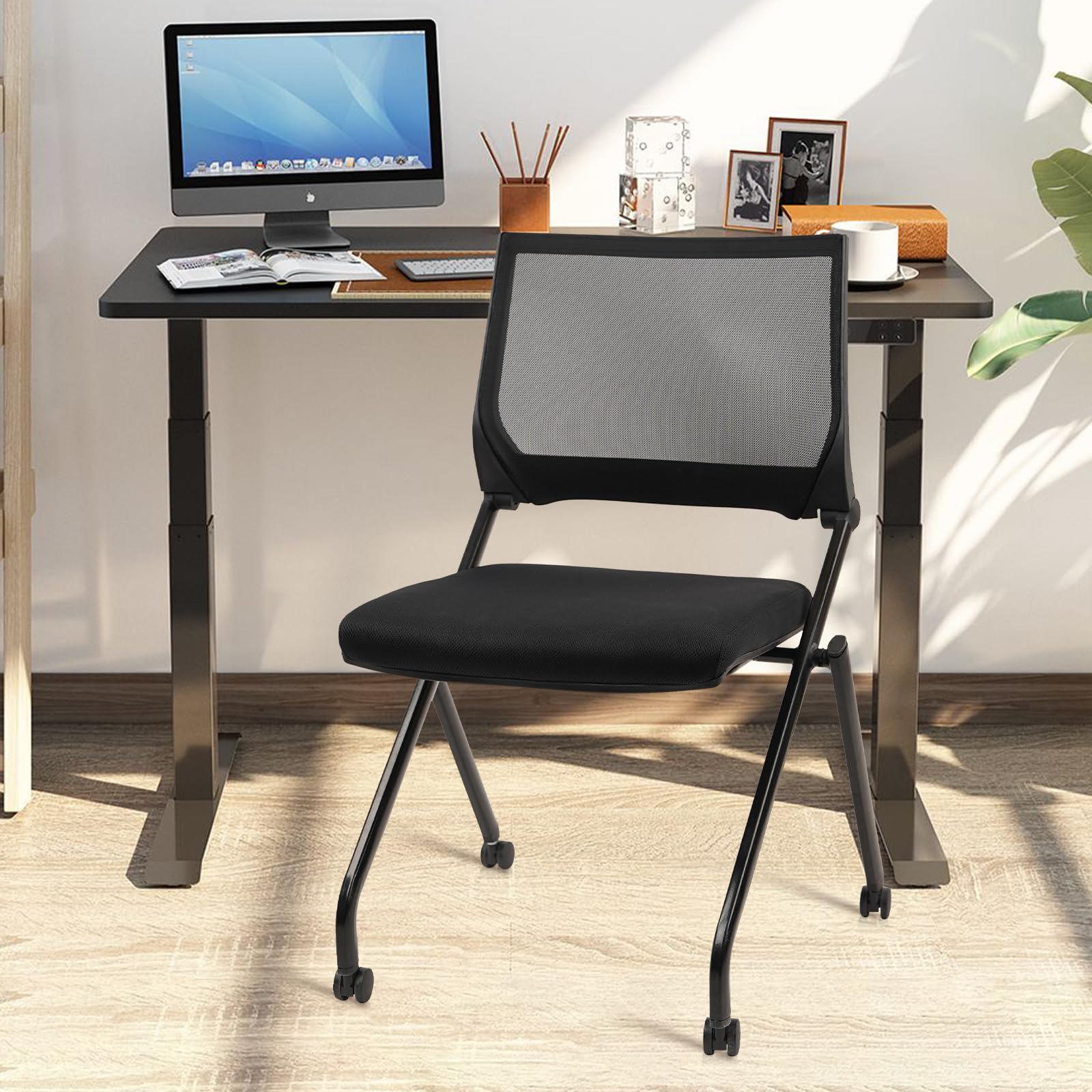 (2pk) Stackable & Foldable Chairs with Wheels, Reception Guest Chairs with Lumbar Support, Ergonomic Mesh Back Folding Chair for Office Schools Training Conference Waiting Room, Black