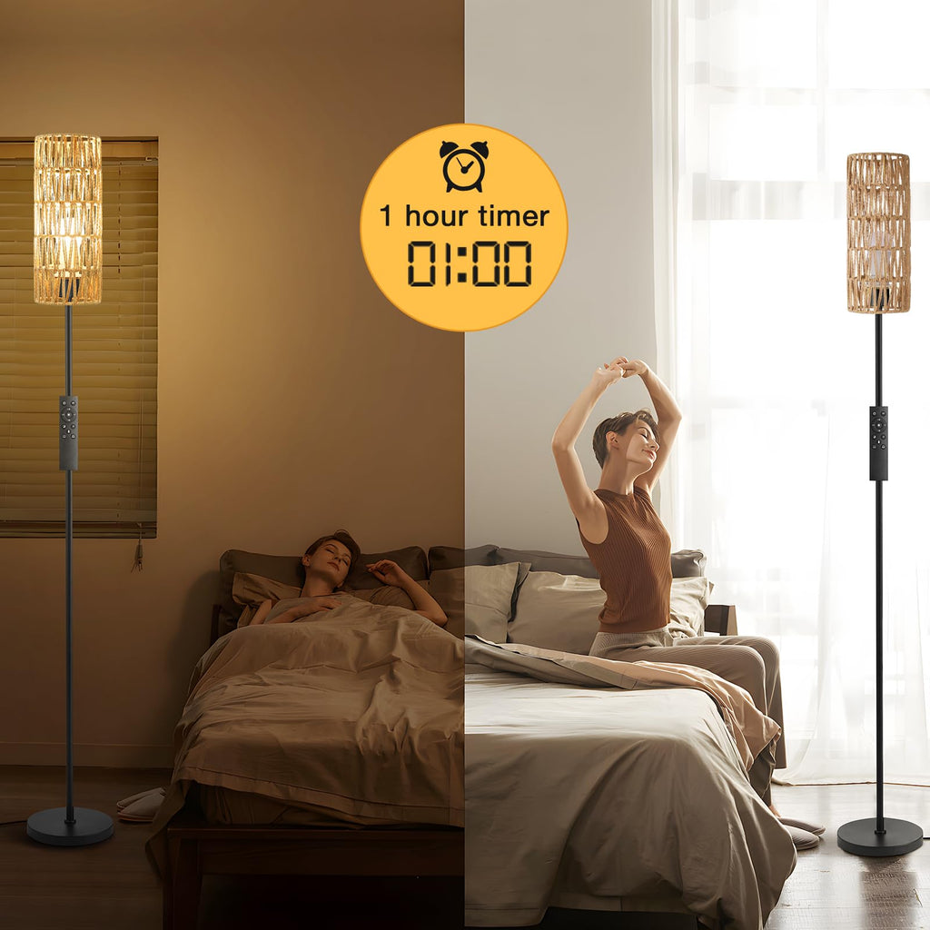 64'' Floor Lamps for Living Room with Remote Control and Stepless Dimmable Colors Temperature & Brightness, Boho Black Standing Lamp with Beige Rattan Shade