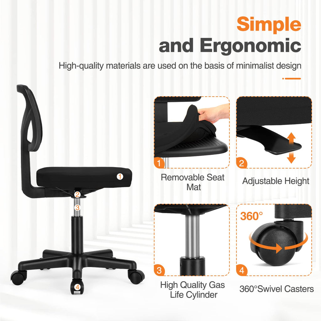 Small Office Desk Chair, Ergonomic Low-Back Mesh Rolling Work Swivel Chairs with Wheels, Armless Comfortable Seat Lumbar Support for Home, Bedroom, Study, Student, Adults,Classic Black