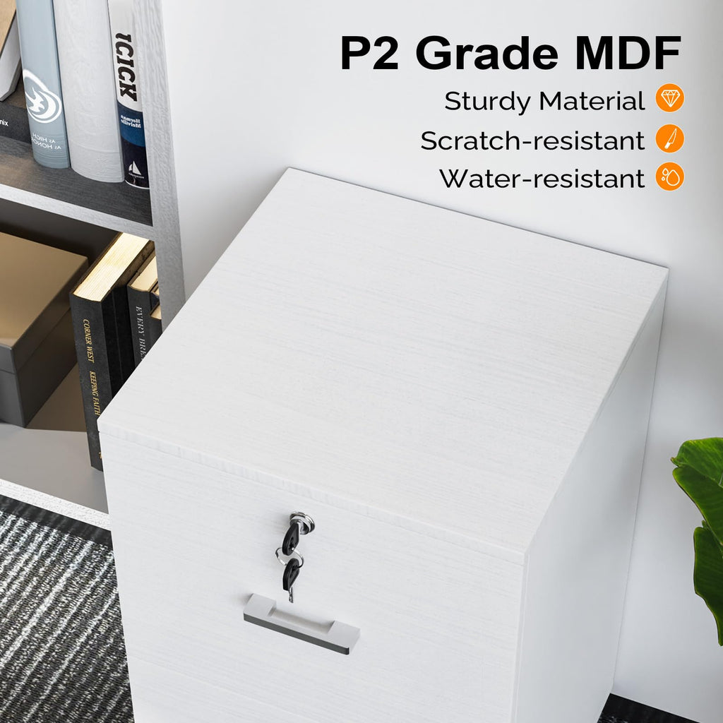 2 Drawer File Cabinet with Lock, Wood Grain White File Cabinets for Letter Size File Folders with Tabs, Mobile Under Desk Filing Cabinets for Home Office, Rolling Filing Cabinet Printer Stand