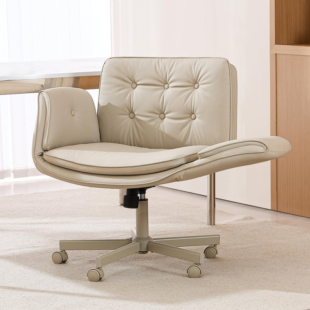 Criss Cross Office Chair, PU Leather Vanity Chair with 5-Level Adjustable Armrests & Swivel, Ergonomic Criss Cross Chair for Home Office Bedroom Makeup（Cream）