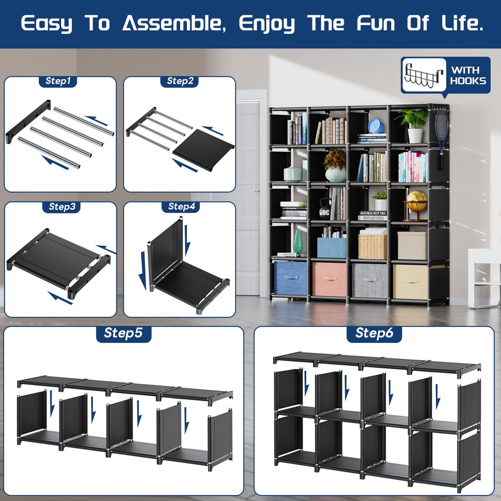 20 Cube Book Shelf, Storage Organizer, Large DIY Bookcase, Metal Cube Bookshelf, Cubbies Closet Storage Organizer Shelves for Bedroom,Living Room,Home,Office