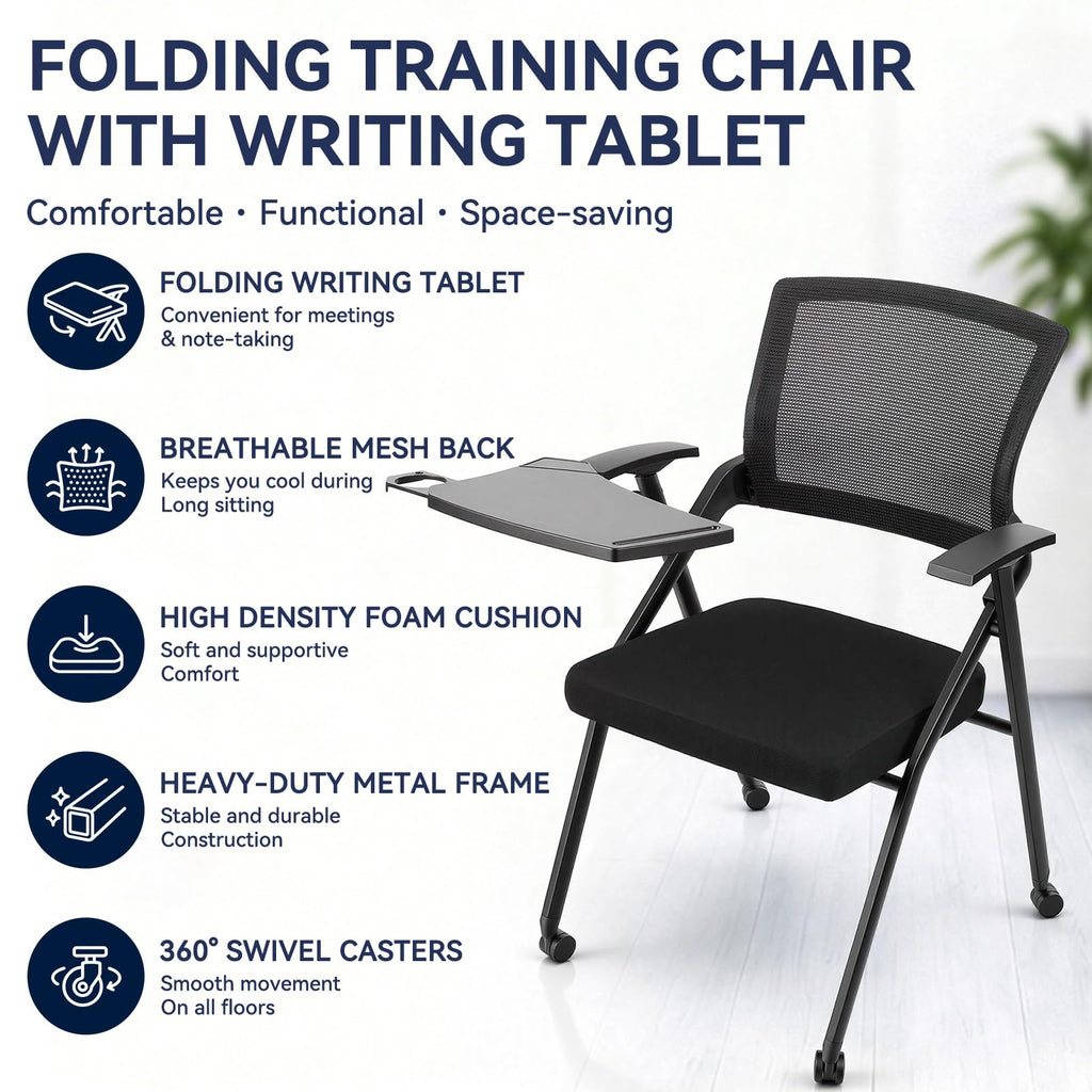 Ergonomic Foldable Office Chair with Breathable Mesh Back, Stackable Conference Chair - PU Wheels & Armrest for Guest, Meeting, Reception (Black-A2)