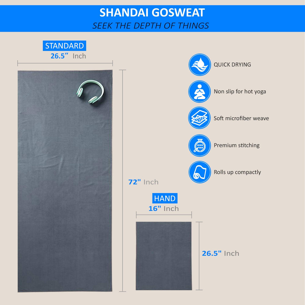 Hot Yoga GoSweat Microfiber Hand Towel in Super Absorbent Premium Gray Suede for Bikram, Pilates, Gym, and Outdoor Sports. 16 x 26.5 inches.