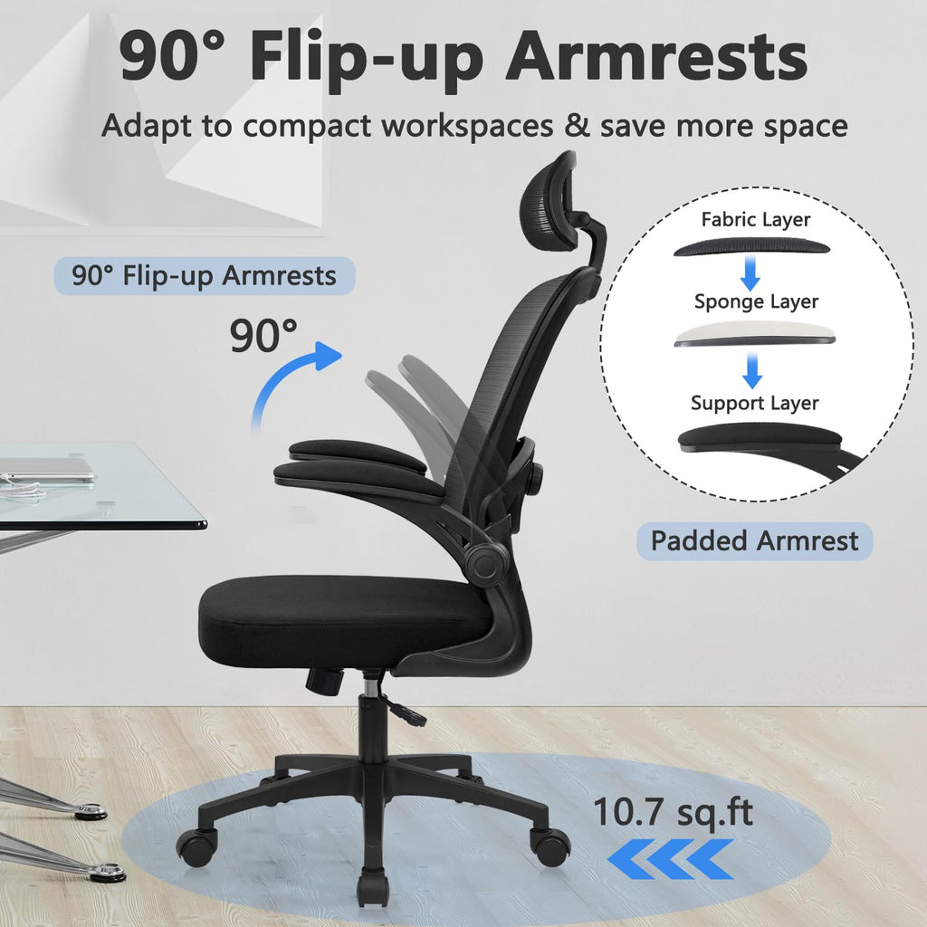 Desk Chairs with Wheels, Ergonomic Mesh Back Home Office Chair with Headrest, Adjustable Lumbar Support Swivel Rolling Computer Chairs with Flip Up Armrests for Conference Meeting Room, Black