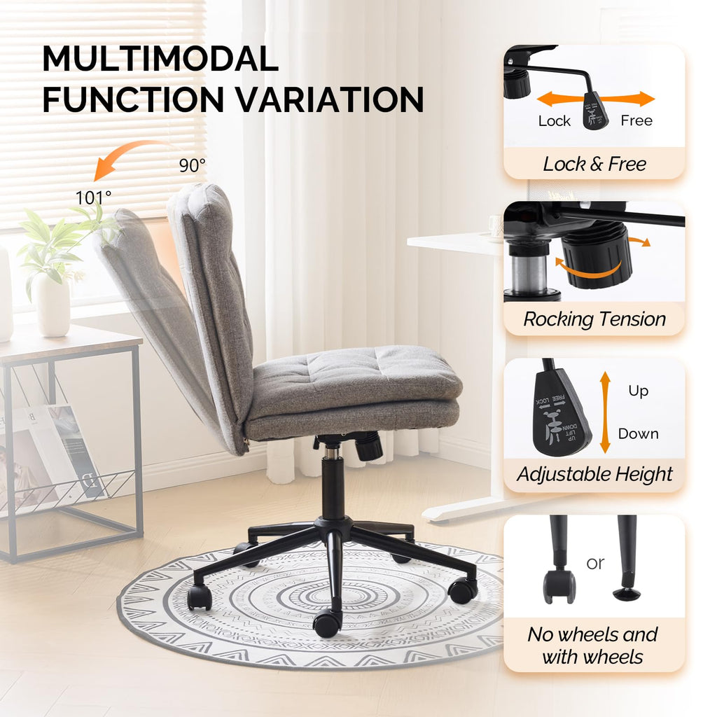 Mid Back Armless Office Desk Chair with Wheels/no Wheels,360°Rocking Swivel Vanity Chair with Thickened Cushion,Adjustable Height Rolling for Reading Room, Make up, Linen Dark Grey
