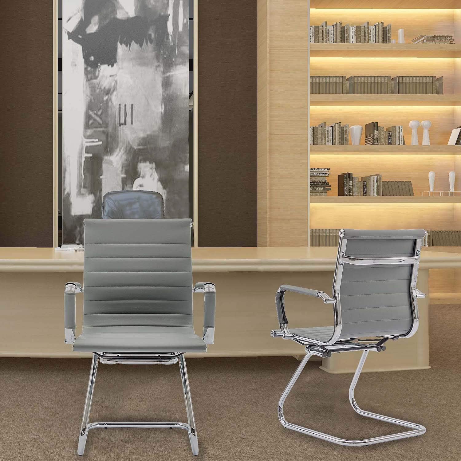 Conference Room Chairs Set of 2, Waiting Room Chairs with Arms, Faux Leather Reception Chairs No Wheels, Office Guest Chairs with Mid Back Support and Chrome Sled Base, Grey